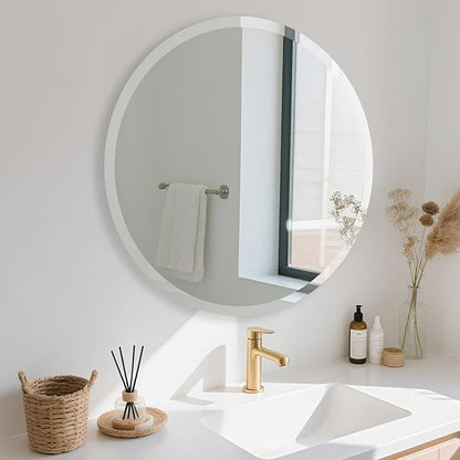 Frameless Round Mirror 28 Inch, Round Mirror with 1 inch Beveled Edge, Beveled Bathroom Mirrors for Vanity, Living Room, Entryways