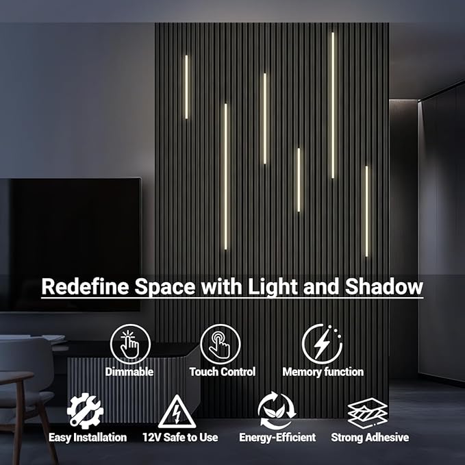 HAMRVL Black LED Recessed Lighting Kit, 6 PCS DC12V Natural White 4000k Wall Panel Lights with Smart Switch, Self-Adhesive, Dimmable LED Lights for Wood Wall Panels, Headboard, Under Cabinet Lighting