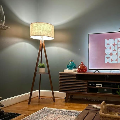 LEPOWER Tripod Floor Lamp, Mid Century Wood Standing Lamp, Modern Design Shelf Floor Lamp for Living Room, Bedroom, Office, Flaxen Linen Shade with E26 Base Brown