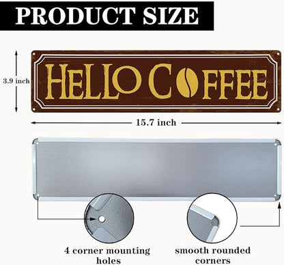 Hello Coffee Signs, Retro Metal Tin Sign, Home Kitchen Wall Decor, Farmhouse Decorations for Cafe, Coffee Station Decors, Decorative Metal Wall Signs 15.8x4 Inches