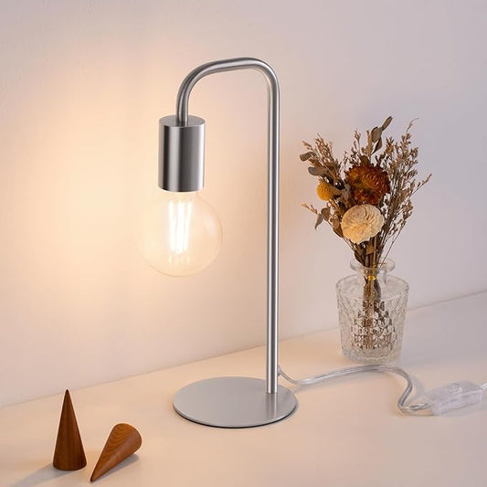 Industrial Table Lamp for Bedroom, Small Side Table Lamp for Nightstand with Wire Switch, E26 Socket Base, Modern Desk Lamp for Living Room, Reading, Office (Bulb Not Included), Silver