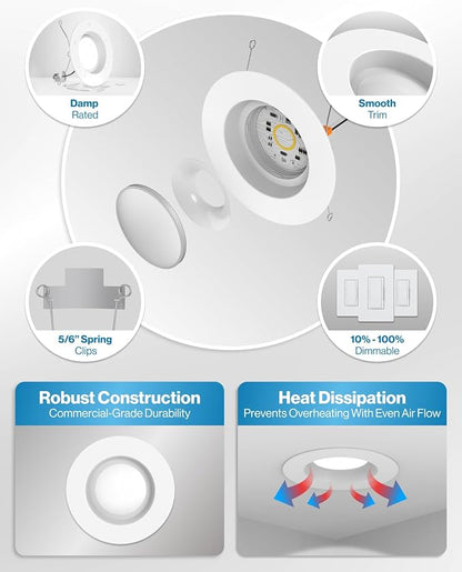 Sunco 12 Pack 6 Inch LED Can Lights, Retrofit Recessed Lighting, Smooth Trim, 965 LM, 13W (75W Equivalent), 6000K Daylight Deluxe, Dimmable, Damp Rated UL.