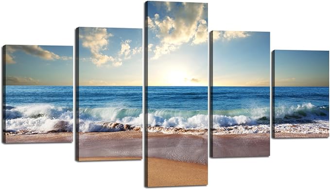 Modern Landscape Painting on Canvas 5 Panels Blue Sky Beach Ocean Pictures Wall Art for Living Room Home Decor Wooden Framed Stretched Ready to Hang (60" W x 40" H)