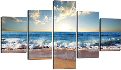 Modern Landscape Painting on Canvas 5 Panels Blue Sky Beach Ocean Pictures Wall Art for Living Room Home Decor Wooden Framed Stretched Ready to Hang (60" W x 40" H)