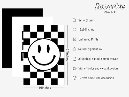 Boys Room Wall Art Decor Set of 3 Toddler Nursery Canvas Wall Art Baby Kids Wall Decor Black Checkered Smiley Poster Pictures Retro Playroom Rad Little Dud Art Prints for Bedroom 16x24 Inch Unframed