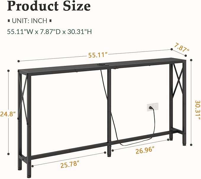 Gewudraw 55.1" Narrow Sofa Table, Console Table with Oulets & USB Ports, Entryway Table, Industrial Couch Table for Hallway, Living Room, Bedroom, 6.5 Feet Power Cord,Black