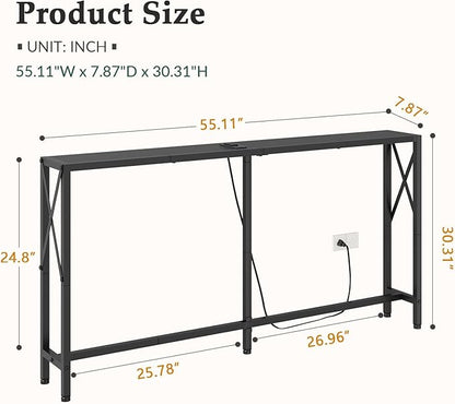 Gewudraw 55.1" Narrow Sofa Table, Console Table with Oulets & USB Ports, Entryway Table, Industrial Couch Table for Hallway, Living Room, Bedroom, 6.5 Feet Power Cord,Black