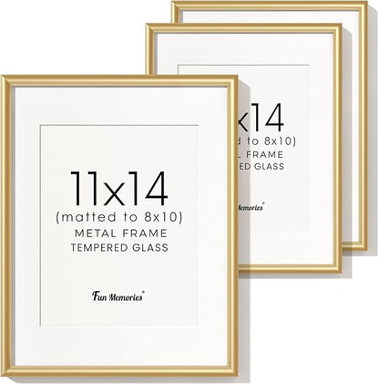 Fun Memories Gold 11x14 Picture Frame, Metal 11 x 14 Picture Frames Set of 3, 11 by 14 Photo Frame with Real Glass, 11x14 Frame Matted to 8x10, 11 x 14 Wall Gallery Frames Set