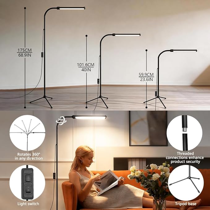Floor Lamp,360°Gooseneck Adjustable Height from 23.6"to 68.9",Dual Mode Dimmable LED Eye-Friendly Reading Lamp with Tripod Base,for Desk,Bedroom,Living Room,Office,Eyelash Extension Tattoo Studio