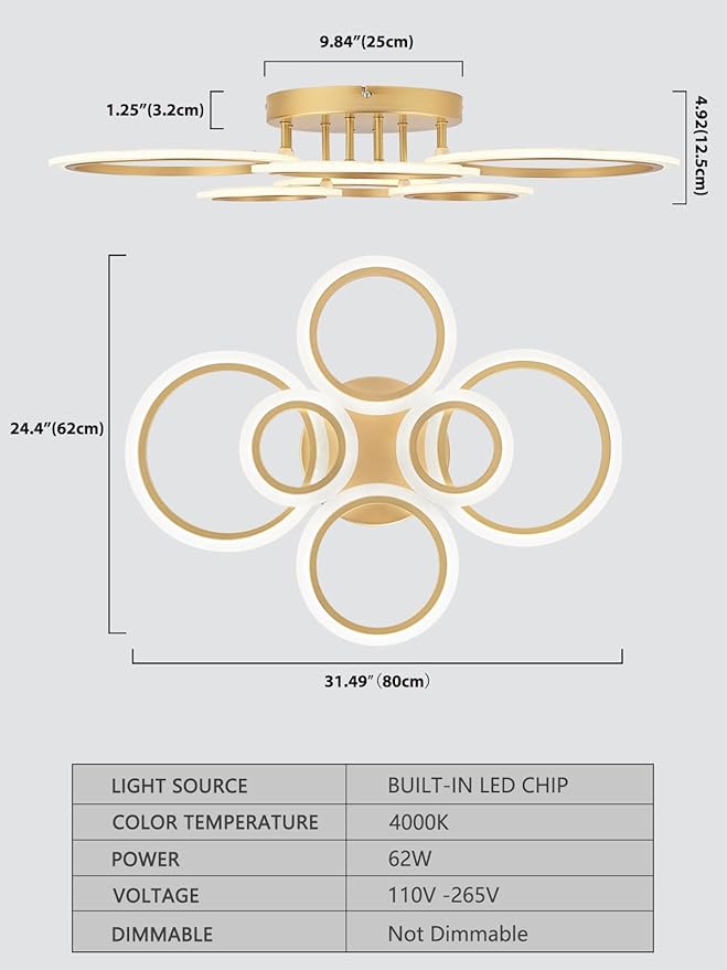 Modern LED Flush Mount Ceiling Light, 6 Rings Gold Close to Ceiling Light Fixtures, Living Room Lighting Fixture Ceiling Lamp for Kitchen, Bedroom, Laundry Room, 4000K Not Dimmable