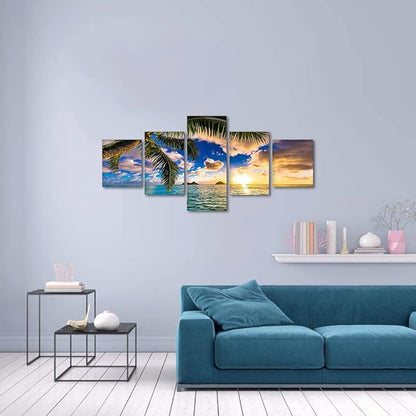 Sunrise 5 Pieces Wall Decor Beaches Wall Art Ocean Scenic Nature Photography Pictures HD Print on Canvas Office Home Decor for Living Room Aisle Bedroom Bathroom Wall Decoration Framed Ready to Hang - 50''W x 24''H