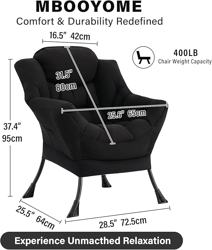 MBOOYOME Lazy Chair, Modern Soft Reading Chair Accent Contemporary Sofa Chair with Armrests and a Side Pocket for Living Room, Bedroom, Dorm & Office, Black