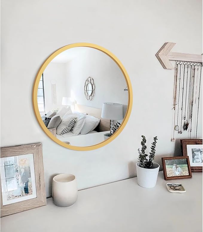 JJUUYOU Wall Mirror 24 Inch Round Wall Mirror for Bathroom Antique Circular Mirrors Washroom Wall Decor Wood Frame Mirrors for Living Room Bedroom Dorm Decorative