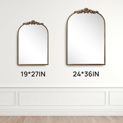 Ornate Baroque Vintage Gold Arched Wall Mirror 19"x27" – Antique Brass Vertical Decorative Mirror with Full Metal Frame, Ideal for Bedroom, Bathroom, Entryway, or Hallway