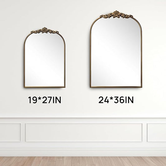 Ornate Baroque Vintage Gold Arched Wall Mirror 19"x27" – Antique Brass Vertical Decorative Mirror with Full Metal Frame, Ideal for Bedroom, Bathroom, Entryway, or Hallway