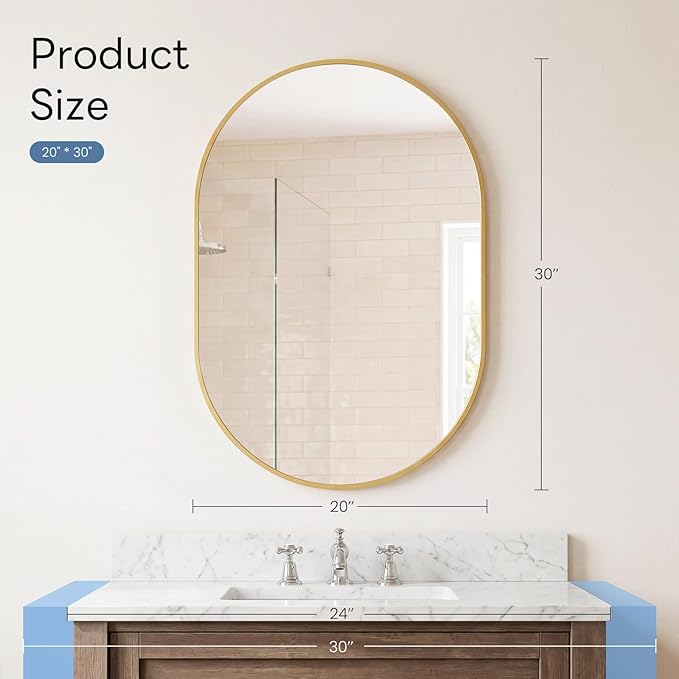 NEWBULIG 20" x 30" Oval Bathroom Mirror, Gold Wall Mirror with Metal Frame, Tempered Glass, Morden Vanity Mirror for Over Sink, Entryway, Living Room, Bedroom, Horizontal or Vertical