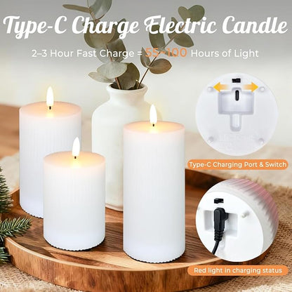 LEDHOLYT Rechargeable Flameless LED Pillar Candles–Luminous Real Wax Indoor Home Decor–Set of 3, Realistic Flickering LED Flame,Remote & Timer, USB-Rechargeable（White）