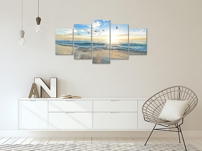 Biufo Seascape Canvas Wall Art Paintings Sunrise at Sea Print Picture Beach Ocean Artwork for Office Bedroom Living Room Wall Decor (Small)