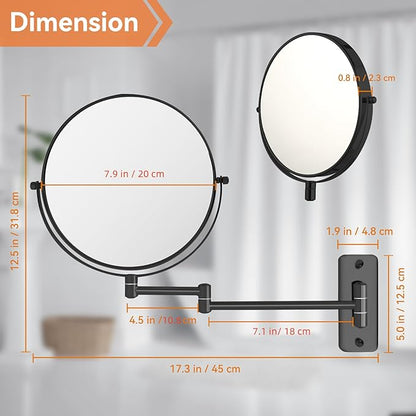 8” Makeup Mirror Wall Mounted, 1X/10X Double-Sided Wall Mount Magnifying Bathroom Mirror with Folding Extendable Arm, 360° Swivel Vanity Shaving Mirror for Bathroom and Makeup, Black (No Light