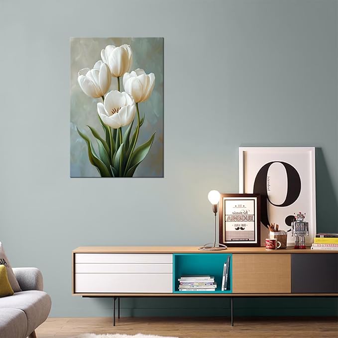 White and Green Tulips Flowers Canvas Wall Art Modern Floral Paintings Botanical Pictures Wall Decor Poster Print Artwork for Bathroom Living Room Bedroom Home Decoration Framed