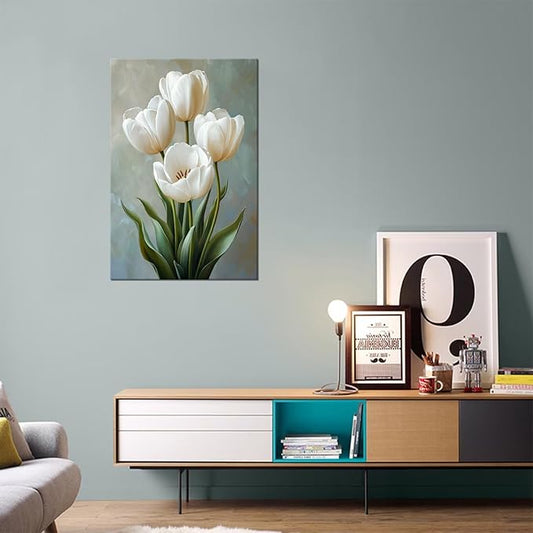 Bathroom Wall Decor White Tulips Wall Art Flowers Pictures Modern Floral Paintings Botanical Canvas Poster Print Artwork for Living Room Bedroom Home Decoration Framed