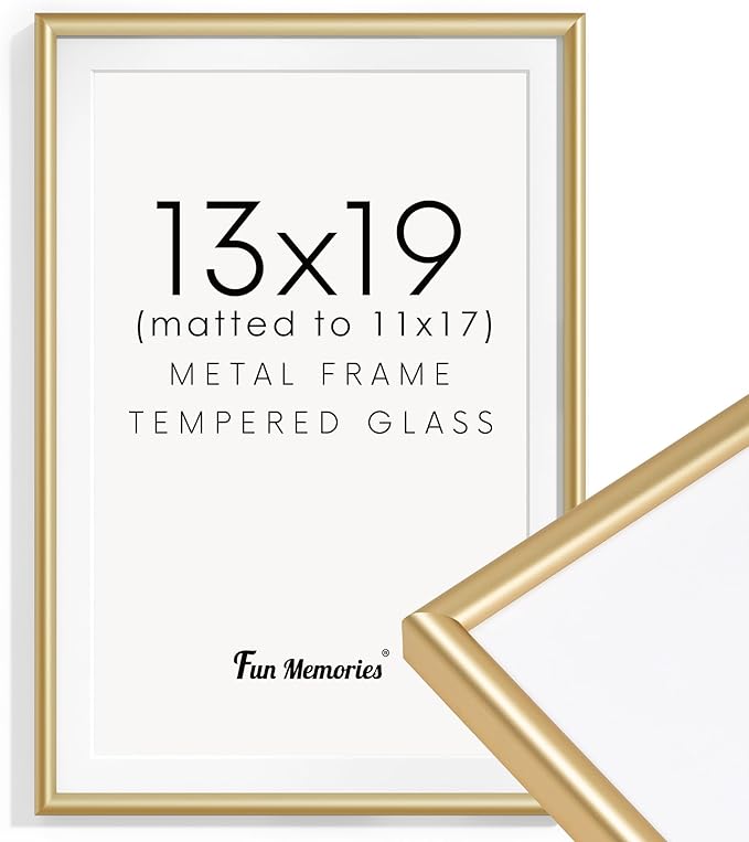 Fun Memories 13x19 Picture Frame, Gold Metal Frames 13 x 19 for Wall, 13x19 Matted frame for 11x17, High-End Aluminum Picture Frames with Real Glass, Modern Wall Gallery Frame Sets