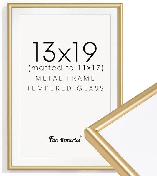 Fun Memories 13x19 Picture Frame, Gold Metal Frames 13 x 19 for Wall, 13x19 Matted frame for 11x17, High-End Aluminum Picture Frames with Real Glass, Modern Wall Gallery Frame Sets