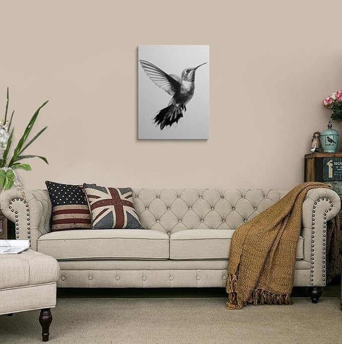 Minimalist Hummingbird Pencil Drawing Canvas Wall Art Framed Black and White Detailed Print High Contrast Bird Wall Decor Artwork Poster for Modern Living Room Office 16x24 Inches