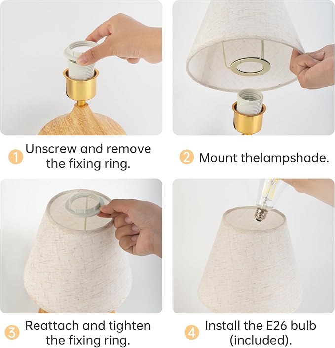 Nightstand Table Lamp with Knob Switch,Seamless Dimming, Wood Base & Fabric Shade, E26 Bulb Included, Compact Bedside Lamp for Bedroom, Living Room, Office