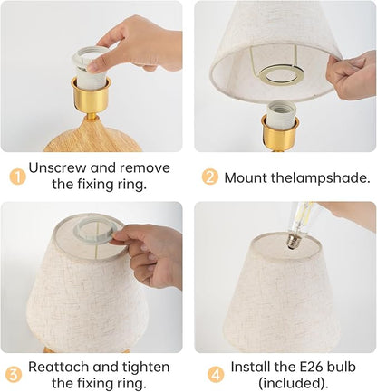 Nightstand Table Lamp with Knob Switch,Seamless Dimming, Wood Base & Fabric Shade, E26 Bulb Included, Compact Bedside Lamp for Bedroom, Living Room, Office