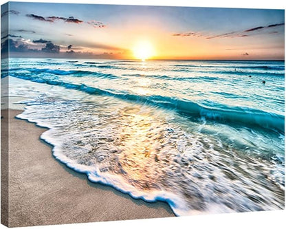 Wieco Art Sea Waves Large Canvas Prints Wall Art Ocean Beach Pictures Paintings Ready to Hang for Living Room Bedroom Home Decorations Modern Stretched and Framed Seascape Giclee Artwork
