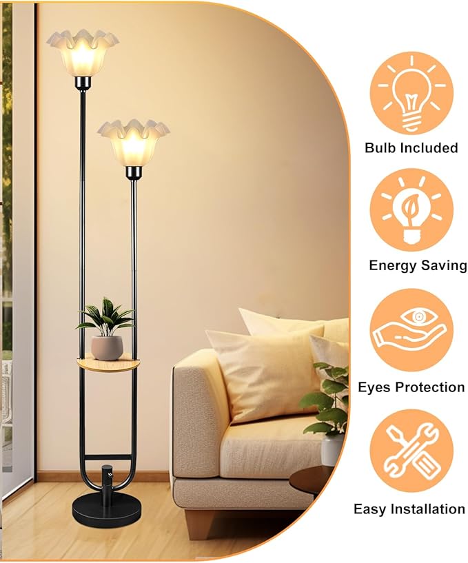 Dimmable Flower Floor Lamps with Table, 2-Lights Floral Floor Lamp, 3000K Warmwhite Modern Floor Lamp, Vintage Black Standing Lamp with 5Lbs Heavy Base for Living Room Bedroom
