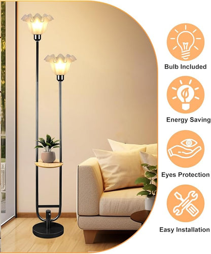 Dimmable Flower Floor Lamps with Table, 2-Lights Floral Floor Lamp, 3000K Warmwhite Modern Floor Lamp, Vintage Black Standing Lamp with 5Lbs Heavy Base for Living Room Bedroom