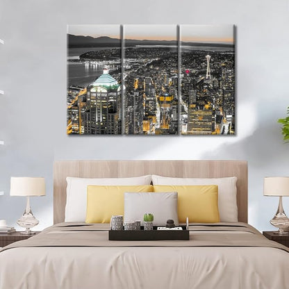 TUMOVO Seattle City Skyline Artwork Wall Decor 3 Piece American Skyscrapers Cityscape Pictures Black and White Wall Art Nighttime Lightscape Posters and Prints Framed Ready to Hang (42" Wx28 H)