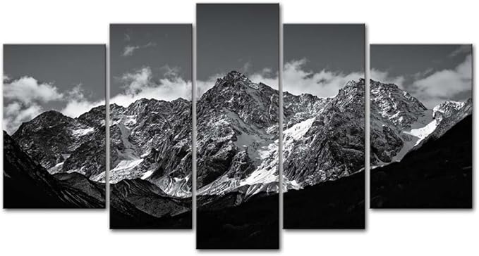 Canvas Wall Art Mountain Black and White Snow Mountain Landscape Picture 5 Pieces Prints On Canvas Modern Giclee Framed Artwork The Pictures for Home Living Room Decor