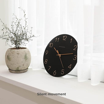mooas Flatwood Black Wall Clock,12" Non-Ticking Sweep Movement Decorative Modern Battery Operated Decorative Wall Clock for Home Living Room Kitchen Bedroom Office School Cafe Hotel (Black)