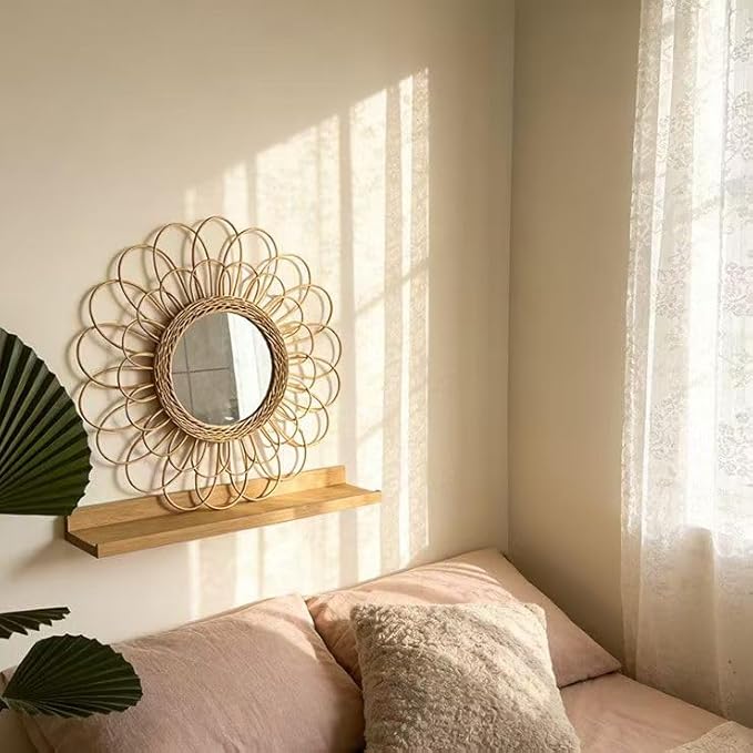 OYPEIP 22" Large Rattan Innovative Art Decoration Round Makeup Mirror Dressing Bedroom Bathroom Wall Hanging Mirrors Craft Photo Props,Glass Decor