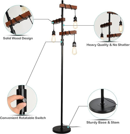 Industrial Floor Lamp, Farmhouse Tree 68 Inch 3 Lights Wood Standing Lamp, Sturdy Base Tall Vintage Metal Black Pole Light for Living Room Bedroom Office Rustic Home