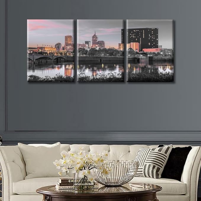 TUMOVO Wall Decor Indianapolis Indiana Skyline Wall Art White River at Dusk City Skyline Wall Decor for Living Room 3 Piece Contemporary Home Decor Framed Ready to Hang (36" Wx16 H)