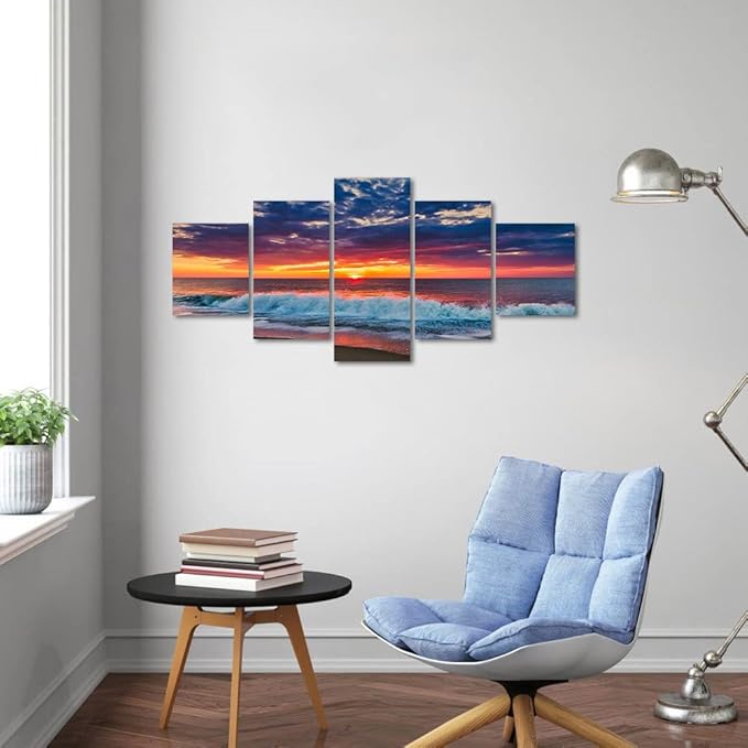 Ocean Decor Canvas Prints Set of 5 Prints Sunset Landscape Poster Cityscape Artwork for Living Room Kitchen Bedroom Decoration Office Home Decor Gift Framed Easy to Hang -50" Wx24 H