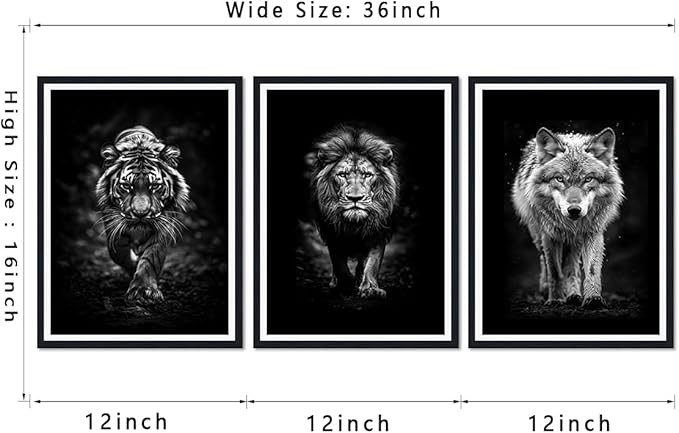 Black White Wild Beasts Framed Canvas Wall Art Set of 3 Tiger Lion Wolf Decor for Office Nursery Living Room Bedroom Modern Wildlife Animals Print Artwork Wall Decor Easy to Hand 12x16inchx3pcs