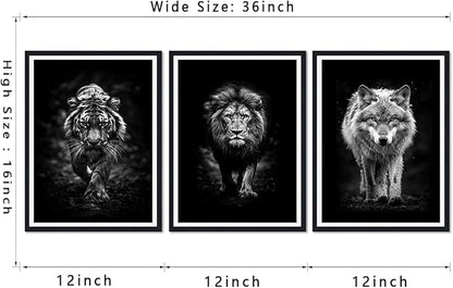 Black White Wild Beasts Framed Canvas Wall Art Set of 3 Tiger Lion Wolf Decor for Office Nursery Living Room Bedroom Modern Wildlife Animals Print Artwork Wall Decor Easy to Hand 12x16inchx3pcs
