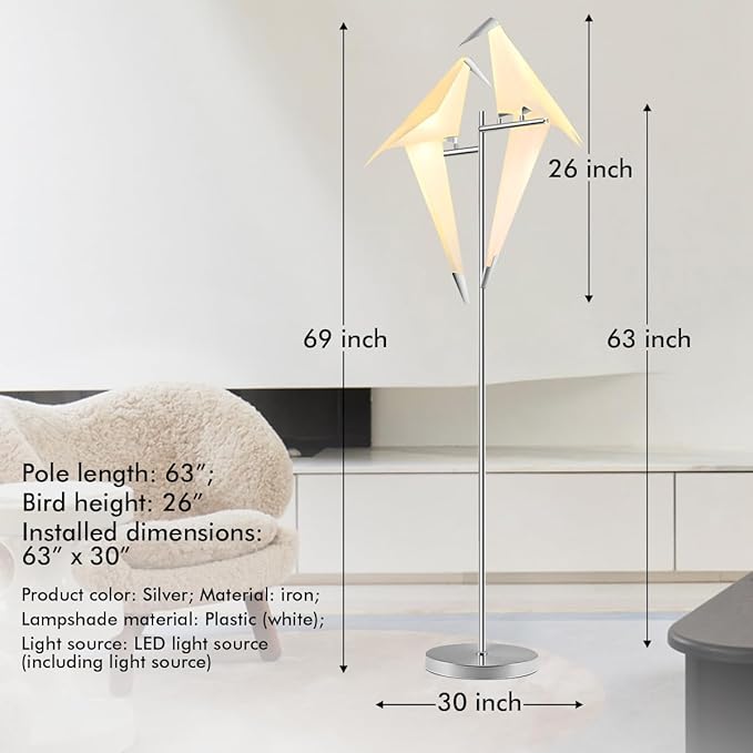 69" Modern Origami Crane Bird Floor Lamp, Sliver Metal Paper Crane LED Standing Light Origami Swing Bird PP Lampshade Lighting Fixtures for Bedroom Dinning Room