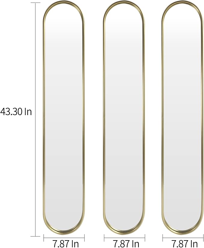 OUSHUAI Gold Tall Mirror,Narrow Capsule Long Mirrors with Metal Frame for Entryway,Hallway,Living Room 44"X8" (3pcs)