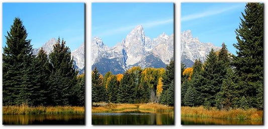 Pacimo 3 Pieces Canvas Art Wall Decor Grand Teton National Park Pictures Natural Landscape Painting Pond Prints on Canvas Modern Artwork Stretched and Framed Ready to Hang - 16"x24"x3 Panels
