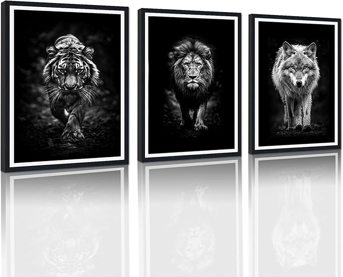 Wildlife Predator Framed Canvas Wall Art Black and White Tiger Lion Wolf Portrait Picture Wall Decor Majestic Animals Print Artwork for Country House Office Decoration Easy to Hand 16x24inchx3pcs