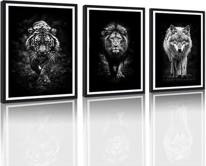 Wildlife Predator Framed Canvas Wall Art Black and White Tiger Lion Wolf Portrait Picture Wall Decor Majestic Animals Print Artwork for Country House Office Decoration Easy to Hand 16x24inchx3pcs