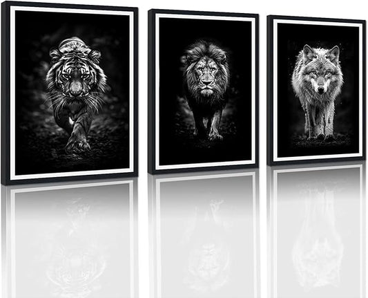 Wildlife Predator Framed Canvas Wall Art Black and White Tiger Lion Wolf Portrait Picture Wall Decor Majestic Animals Print Artwork for Country House Office Decoration Easy to Hand 16x24inchx3pcs