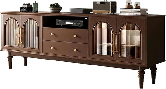 TV Stand TV-Console Table, Solid Wood TV Stands, 59×15.7×22.8in, Tempered Glass Door, Modern Entertainment Center, Tv Cabinet with Drawers, TV Table, for Living Room, Bedroom(Black B)