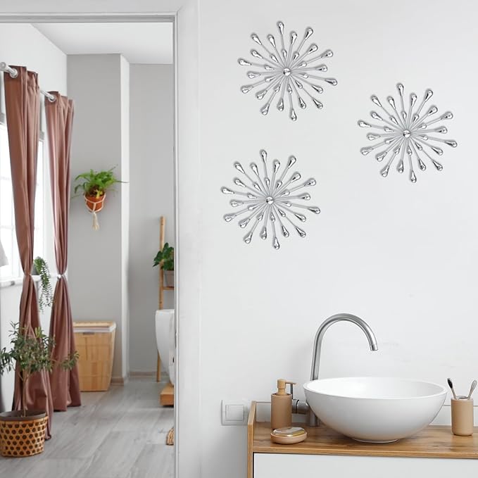 DXYAKY Set of 3 Silver Starburst Metal Wall Art Decor, 11.8 Inch Sparkling Diamond Star Jeweled Teardrop, Elegant Rhinestone Crystal Home Decor Accents, Living Room Bedroom Decorative Wall Sculpture